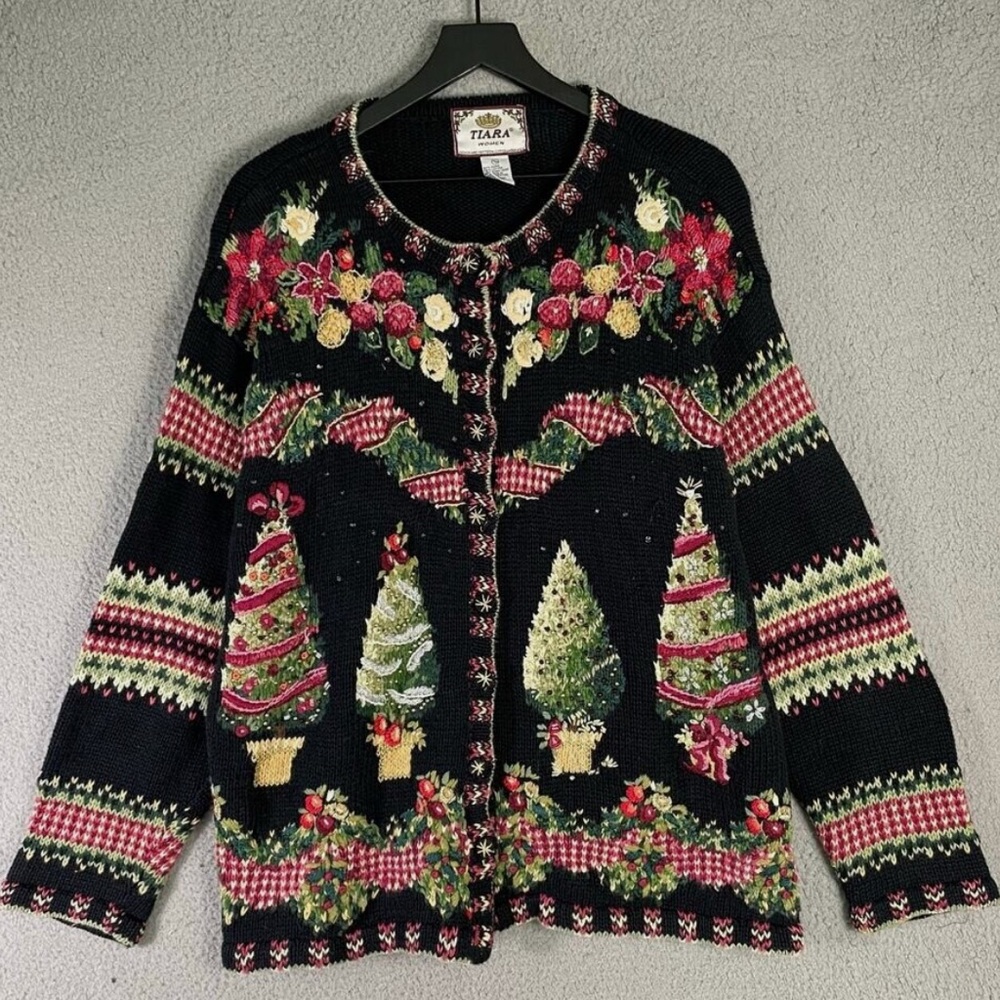 Tiara Black Cardigan with Festive Tree Design